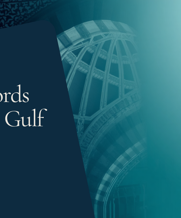 Abstract navy and teal graphic reading "The Accords Leave the Gulf," GDCI Analysis