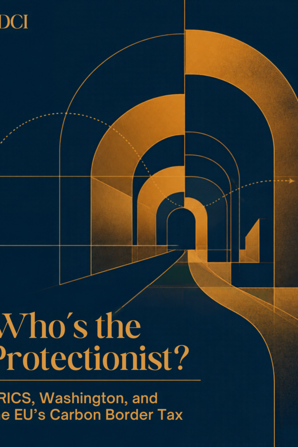 Abstract navy and amber editorial illustration with interlocking geometric arches, titled 'Who's the Protectionist?', for a GDCI policy brief on BRICS, the US, and the EU's carbon border tax.
