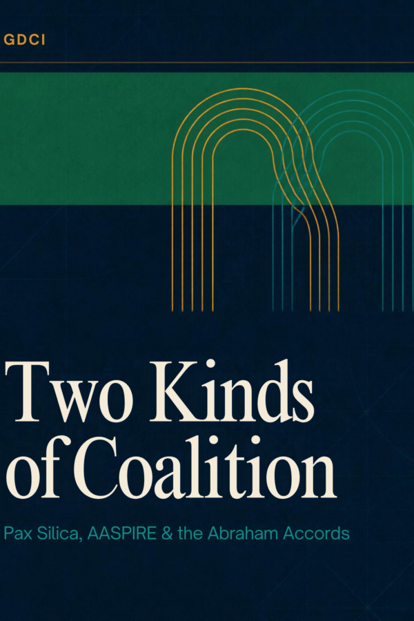 Abstract navy, amber, and teal editorial graphic with overlapping arch motifs and the headline "Two Kinds of Coalition" for a GDCI policy brief.
