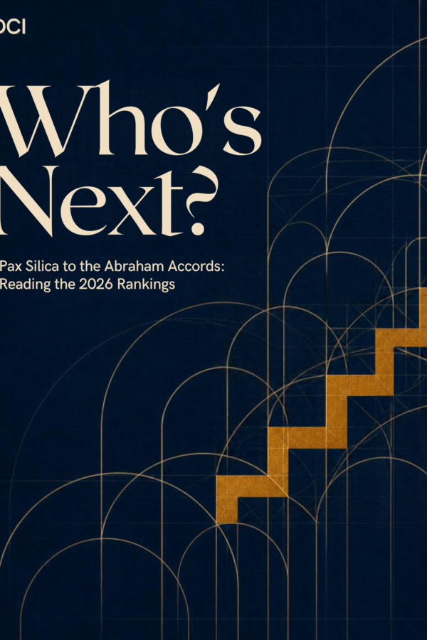 Abstract navy and amber editorial illustration with interlocking geometric arches and an ascending staircase motif, titled 'Who's Next?', for a GDCI policy brief on Abraham Accords expansion rankings.